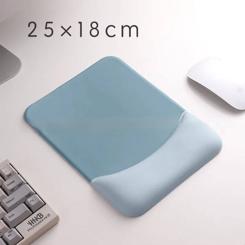 Square silica gel wrist rest mouse pad with strap on a desk, 250mm by 180mm, cloth surface