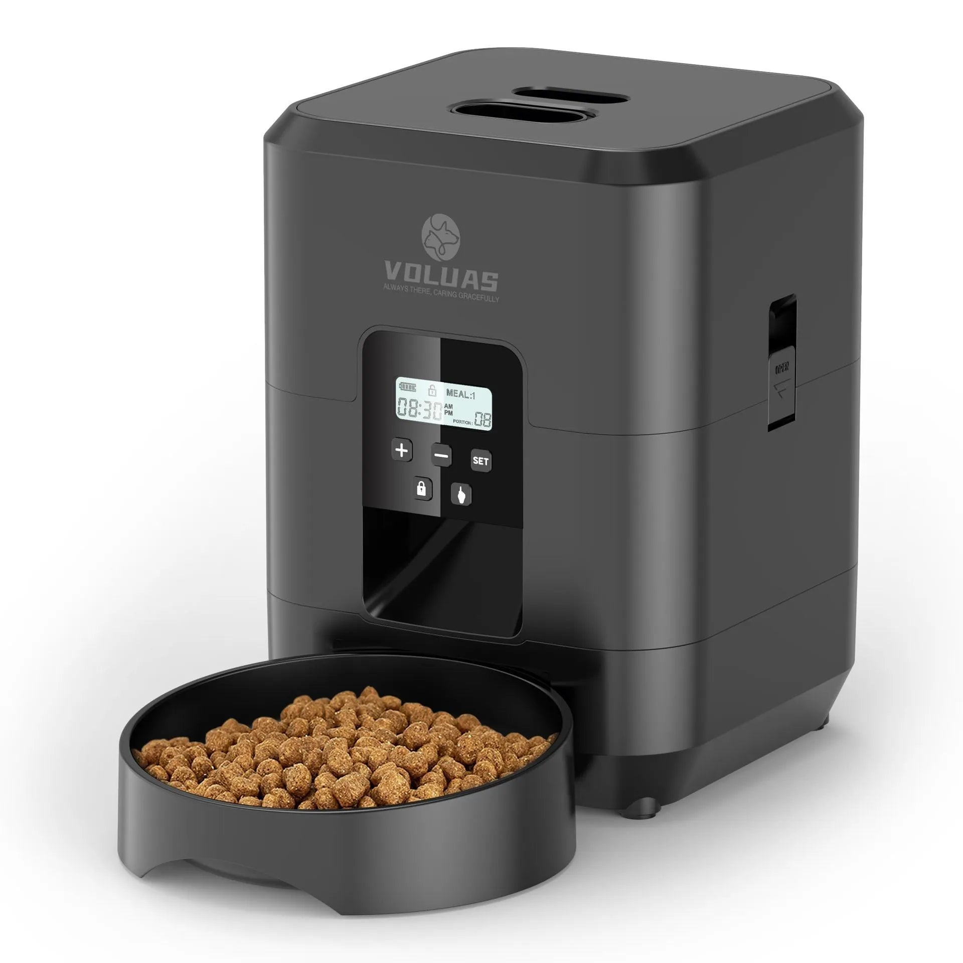 Automatic cat feeder with digital display and food storage compartment in white finish