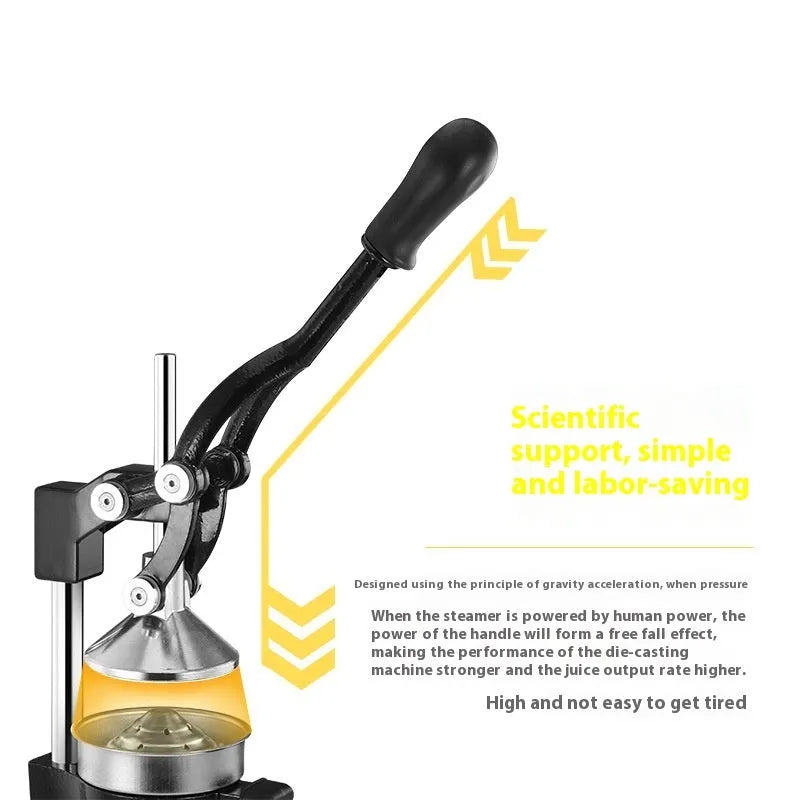 Black and white cast iron manual citrus juicer with stainless steel strainer, 40cm tall.