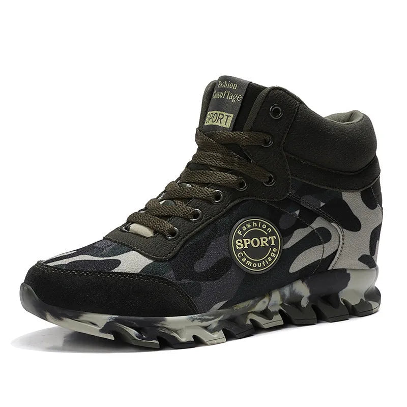 Green women's camouflage canvas sneakers with rubber soles shown in casual style