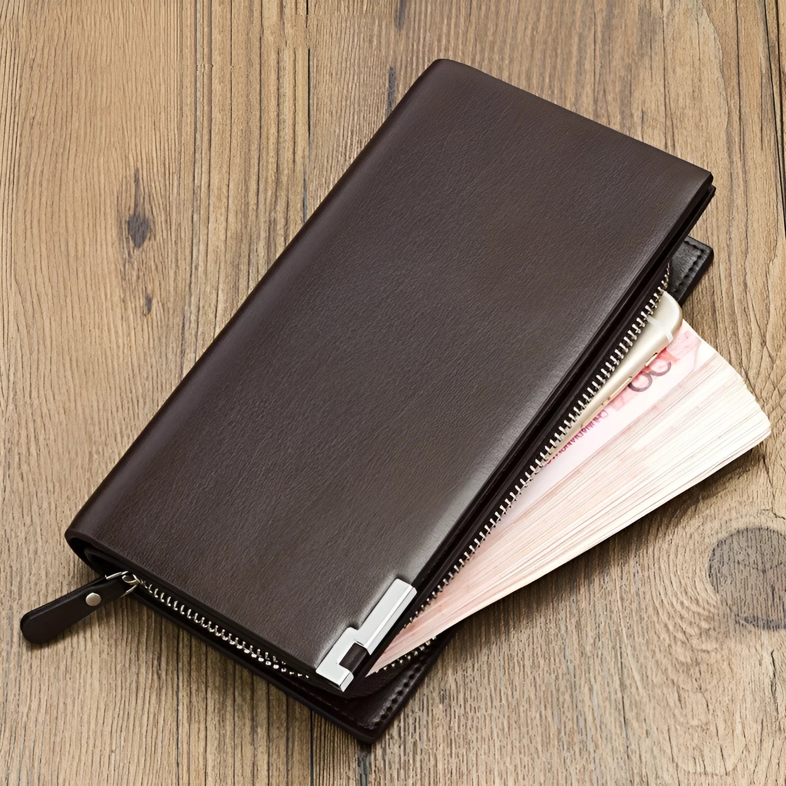 Men's black PU leather zip wallet with waterproof and wear-resistant properties