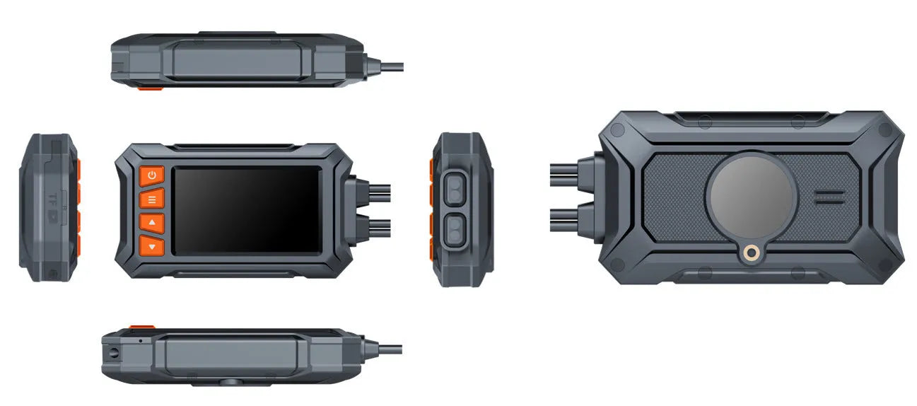 3 inch motorcycle dashcam with dual lenses, GPS module, and installation cables on a motorcycle handlebar.