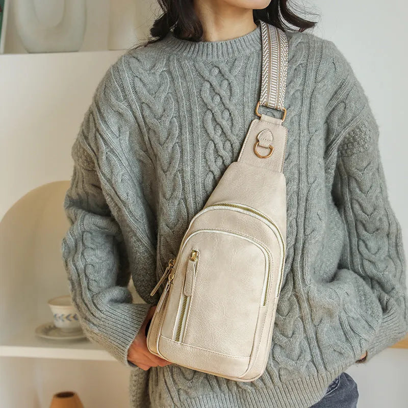 Soft brown PU women's crossbody chest bag with open pocket and adjustable strap