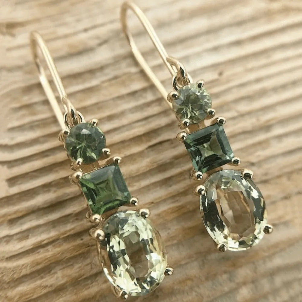 Green geometric bohemian earrings with quadrilateral design on copper alloy