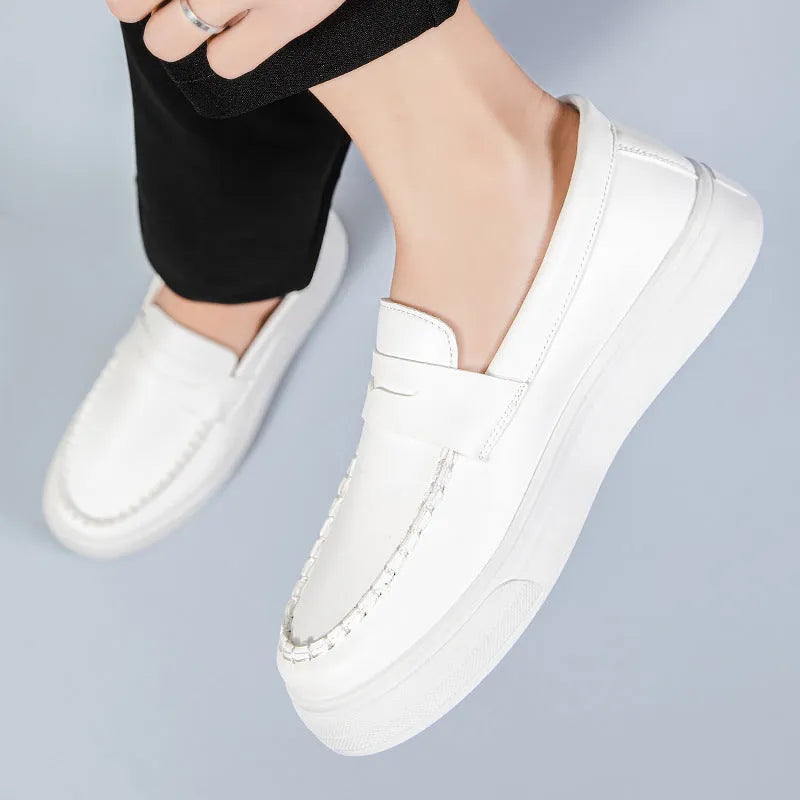 Casual slip-on shoes in white, black and white, and khaki colours with round toe design