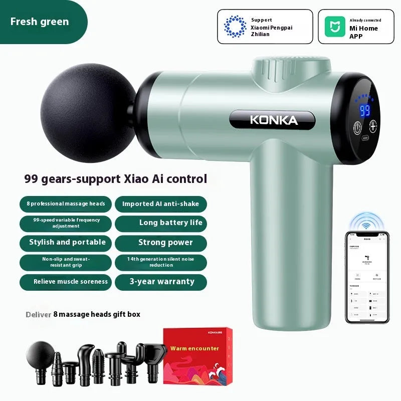 Konka professional mini electric massage gun with multiple attachment heads on a grey background