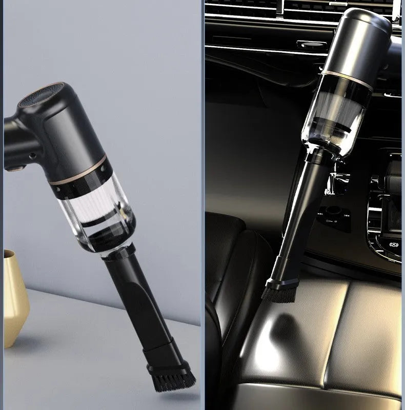 Black wireless handheld car vacuum cleaner with multiple nozzle attachments on a black background