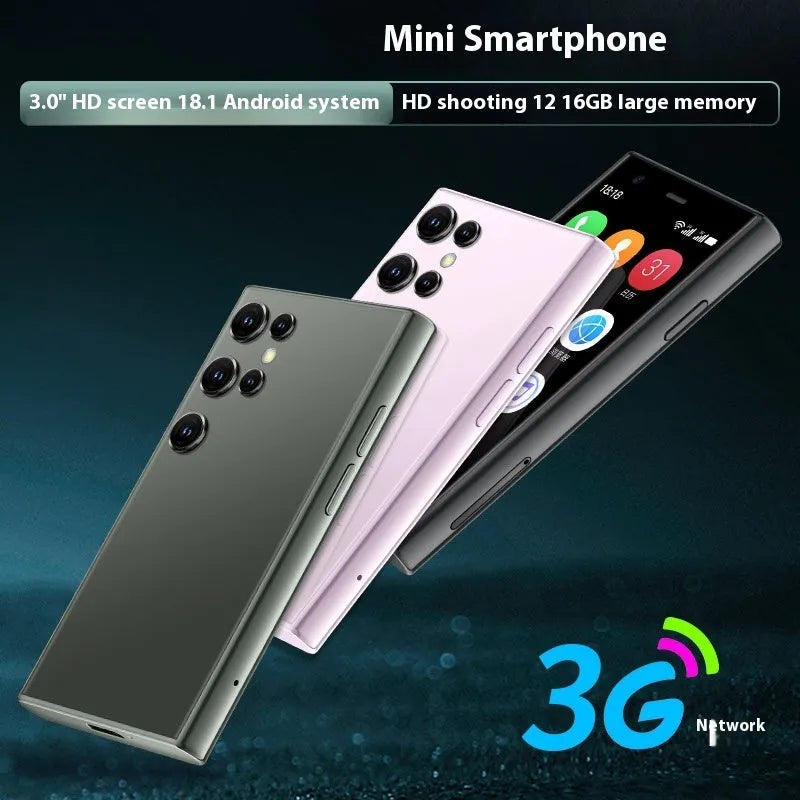 Mini smartphone with 30 screen in black, green or pink purple colours showing straight plate design