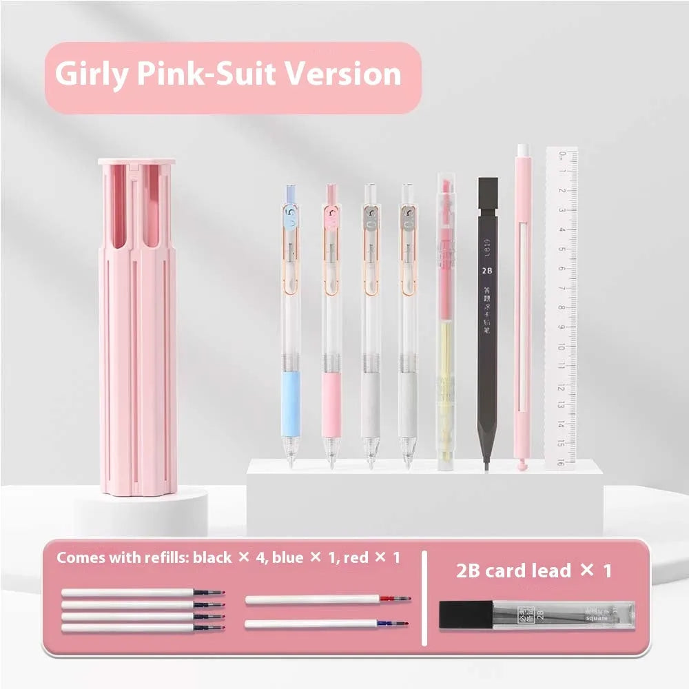 Plastic pencil case designed to hold six pens, shown in sky blue, white, and pink colour options.