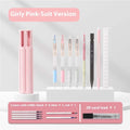 Plastic pencil case designed to hold six pens, shown in sky blue, white, and pink colour options.