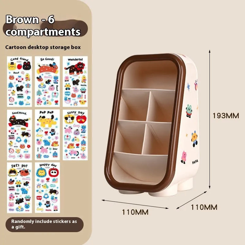 Cartoon design plastic desktop organiser with storage box, pen container, tissue box and coin bank accessories in red and brown colours