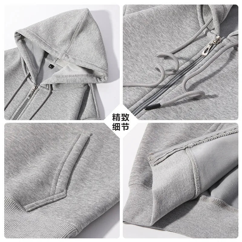 Men's plus size 420g hooded zip-up sweater in loose cardigan style with top-stitched pockets