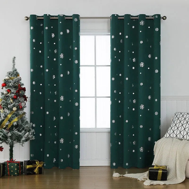 Snowflake pattern shade cloth curtain in polyester, showing red or green trim with lace loop or iron hoop detail.