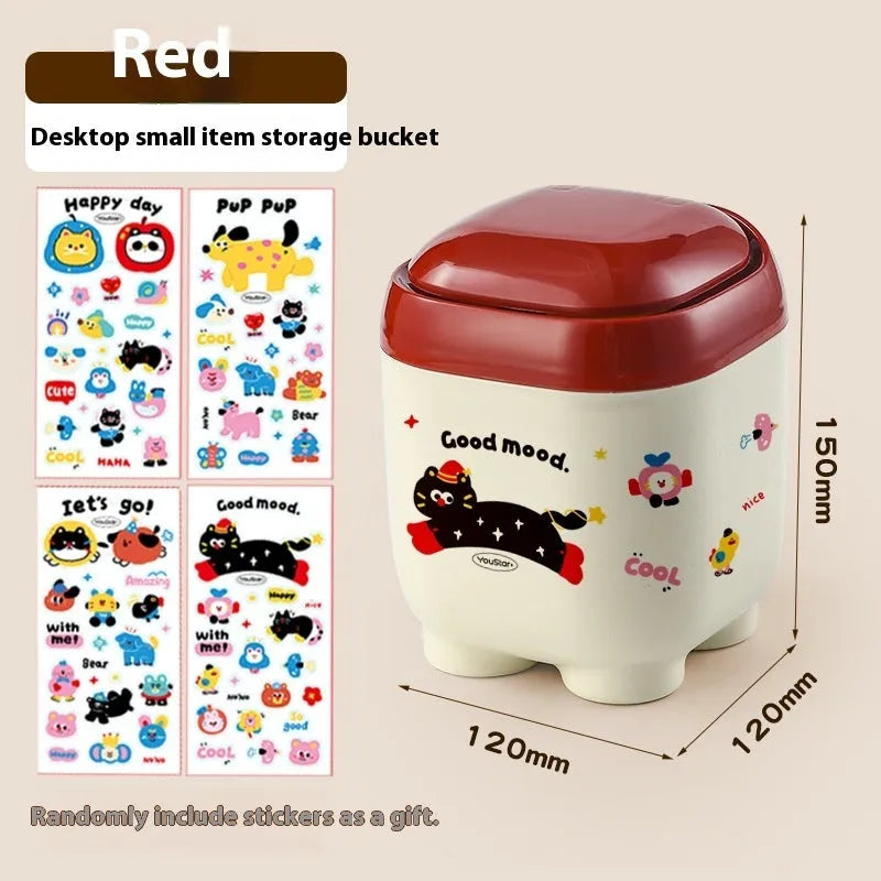 Cartoon design plastic desktop organiser with storage box, pen container, tissue box and coin bank accessories in red and brown colours