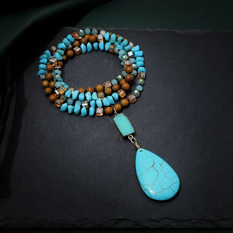Turquoise water drop pendant fashion necklace with heart-shaped mixed gem inlay on ball bead chain