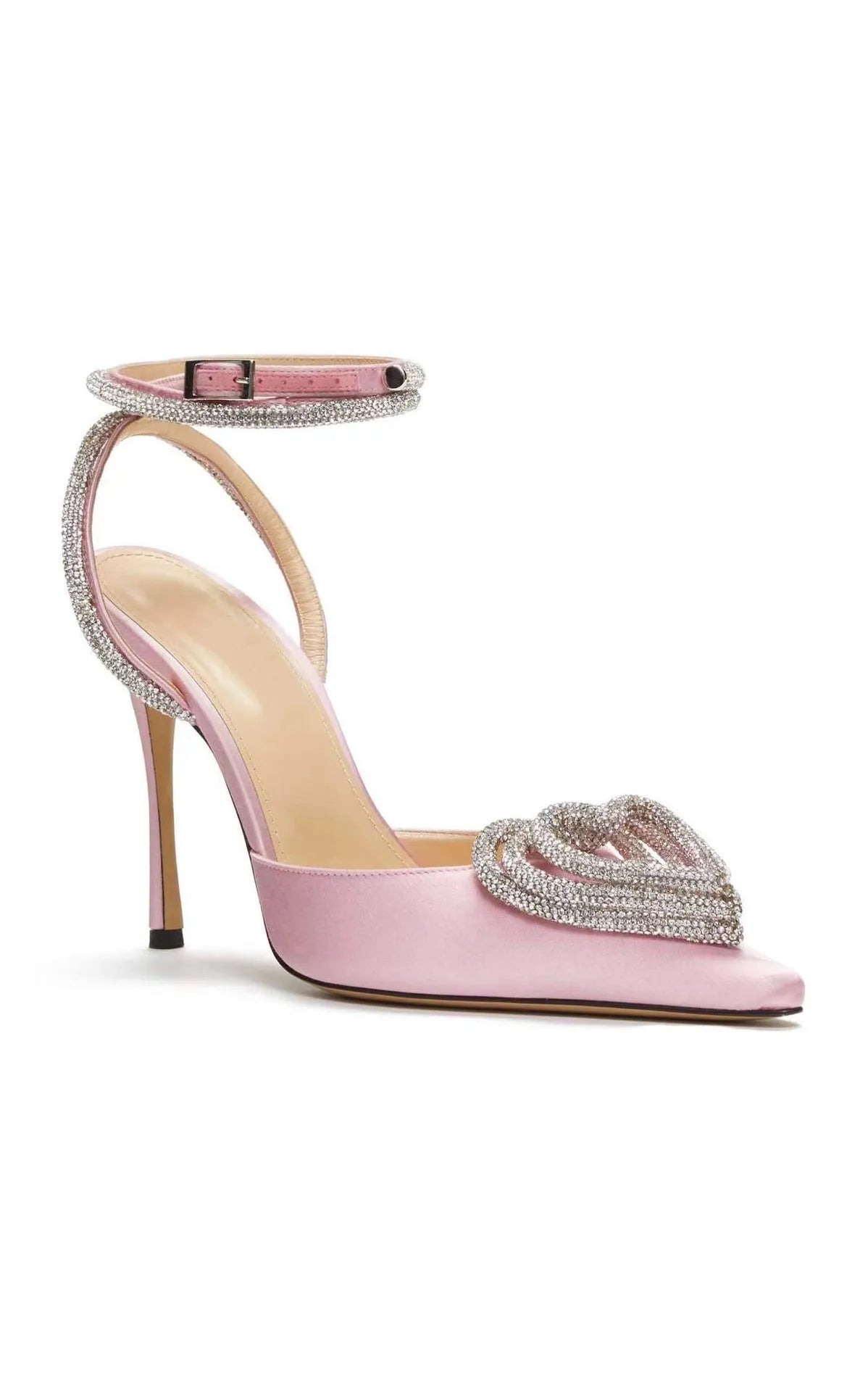 Women's pink satin sandal with heart-shaped rhinestone decoration and pointed toe.