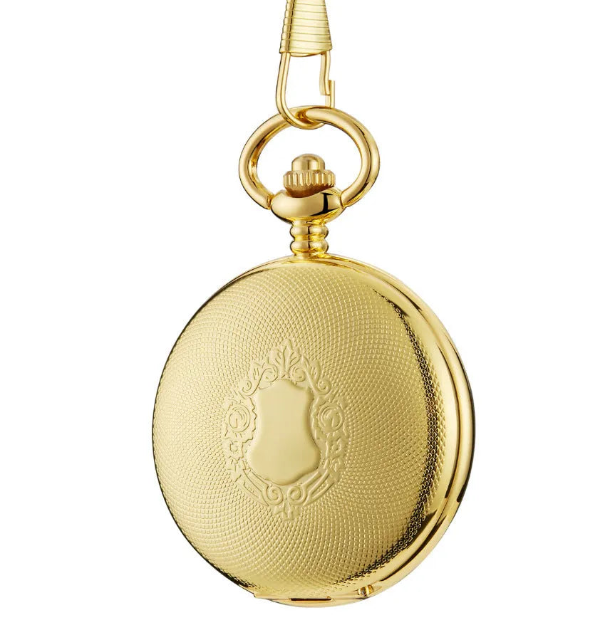 Retro automatic mechanical pocket watch with floral print dial and transparent case back in alloy construction