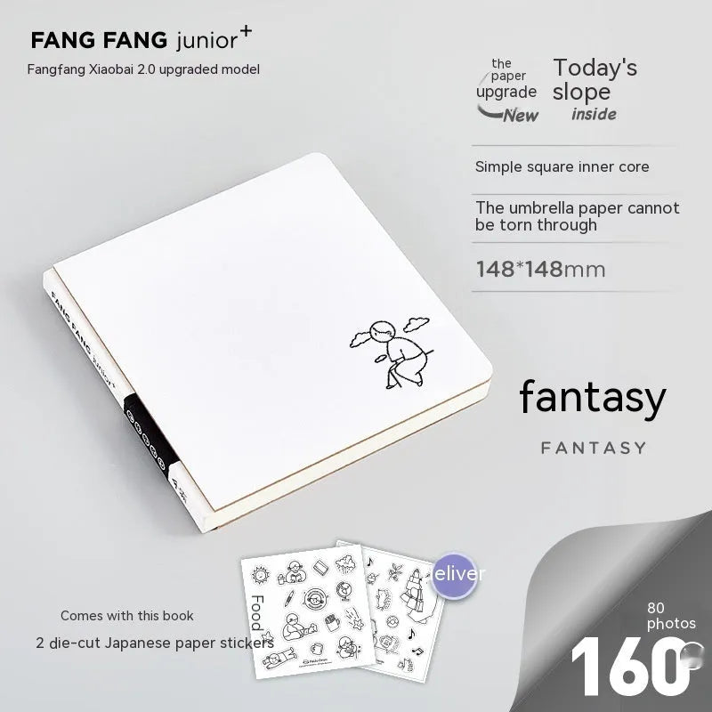 Square checkered diary notebook with 100 pages, 148x148mm dimensions, and personalisation stickers