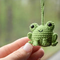Handmade woven plush frog car pendant showing cartoon design with 5cm dimensions