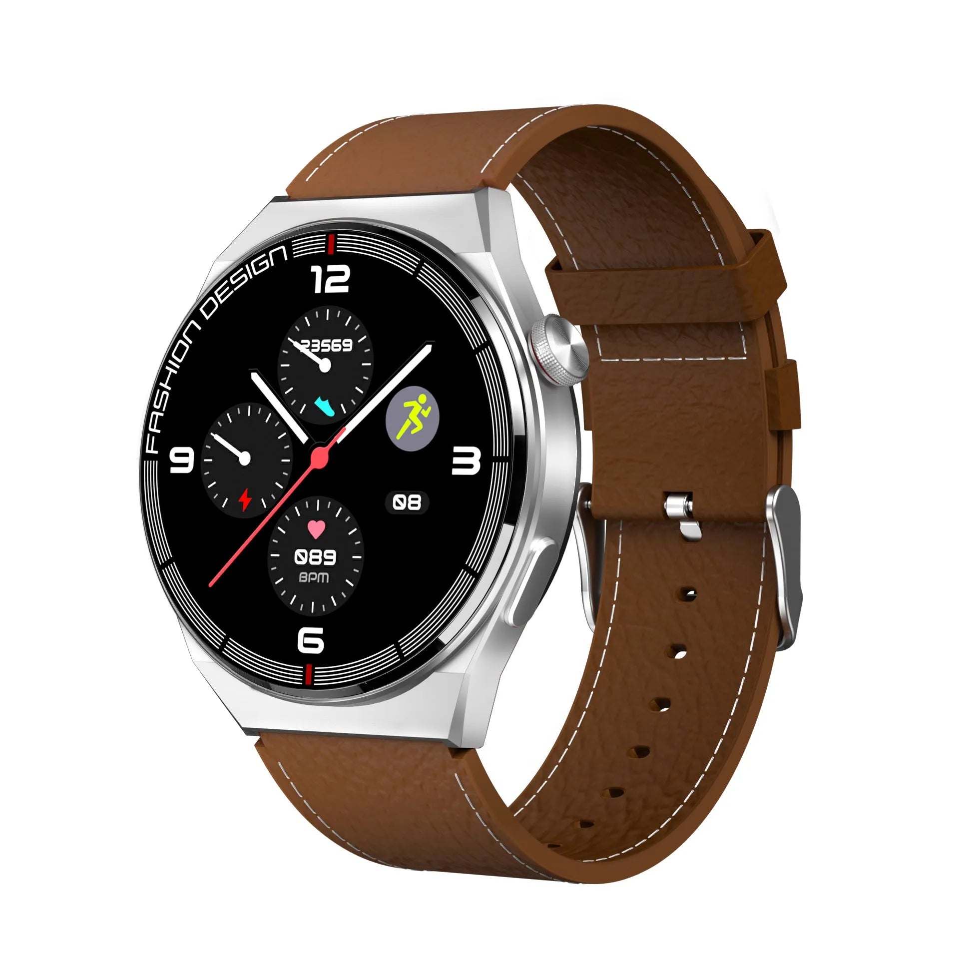 Black smartwatch with 1.28 inch screen showing heart rate and step count data on a silicone strap