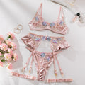 Light purple satin lingerie four-piece set with embroidery details on mercedized fabric