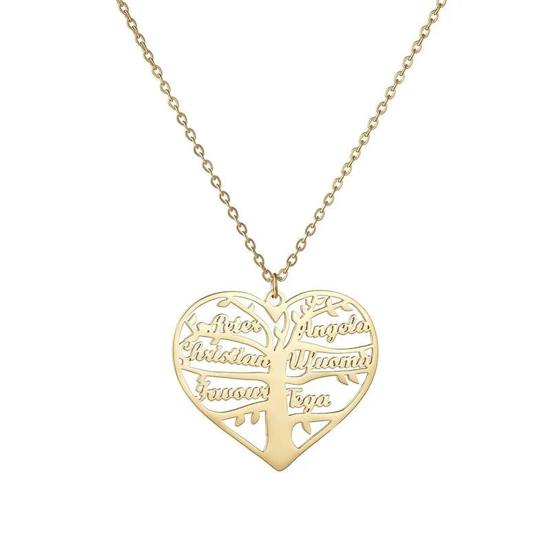 Personalised stainless steel necklace with engraved names on a heart and tree pendant in silver, gold, or rose gold.