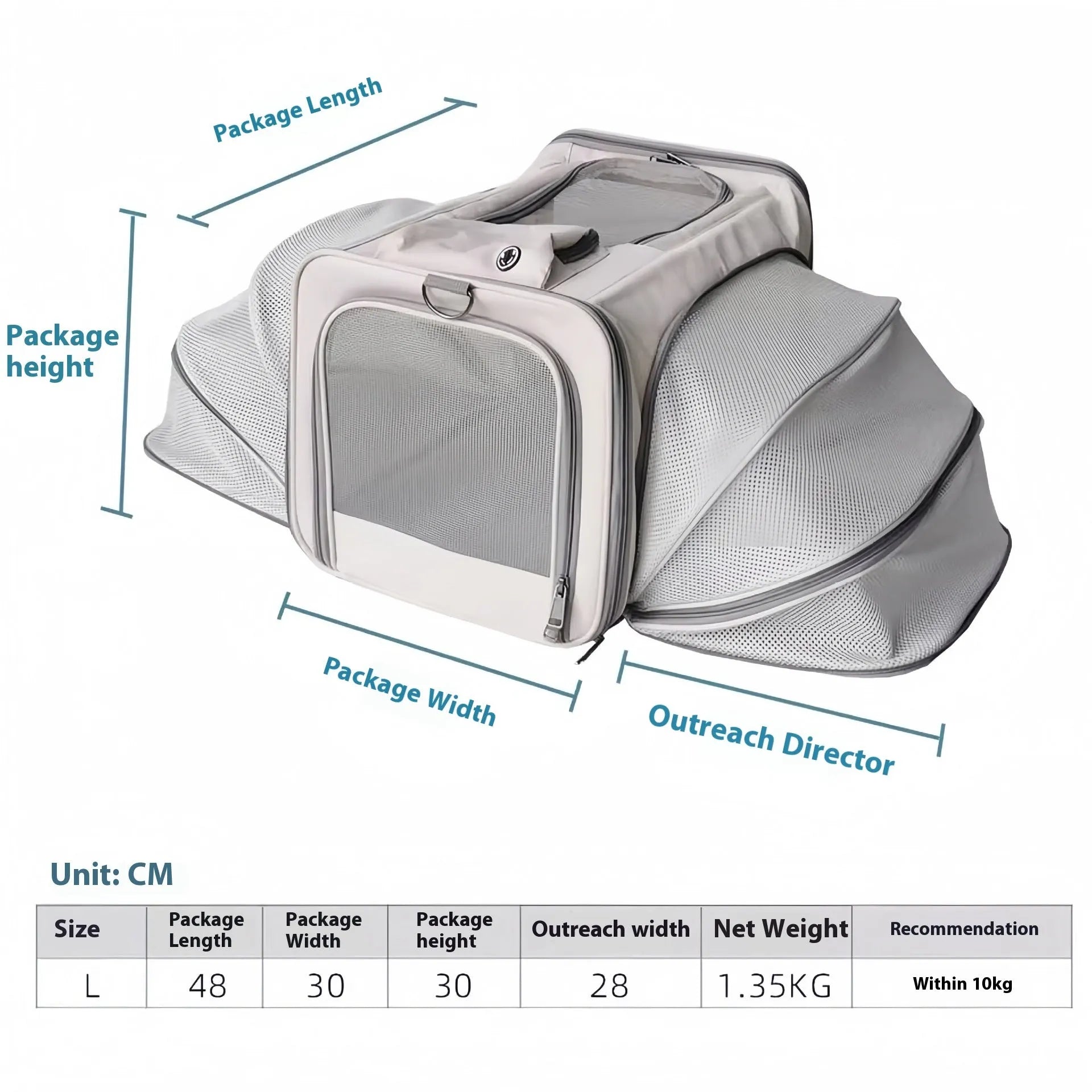 Oxford cloth portable pet bag in beige with extendable top and side mesh panels for breathability