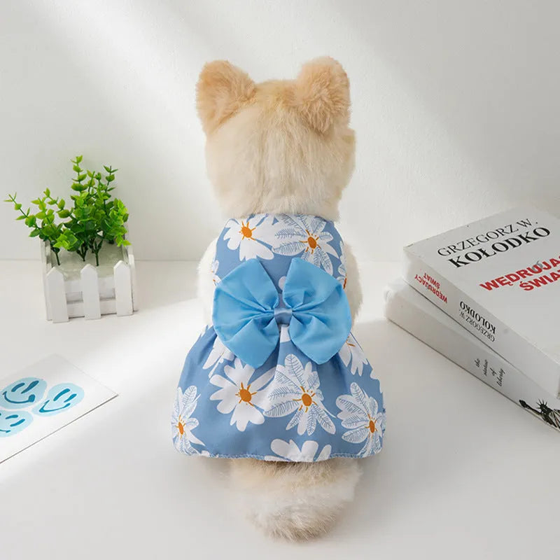 Orange bow floral butterfly pet dress with knot fastening on small dog