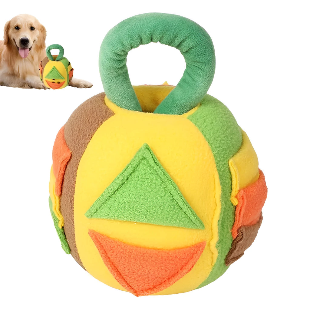 Pink and green plush squeaky ball dog toy with treat pockets and noisemaker
