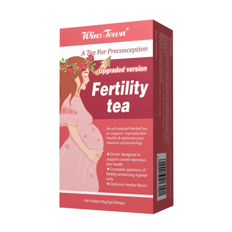 Box of fertility tea containing 90 individual tea bags for herbal reproductive support.