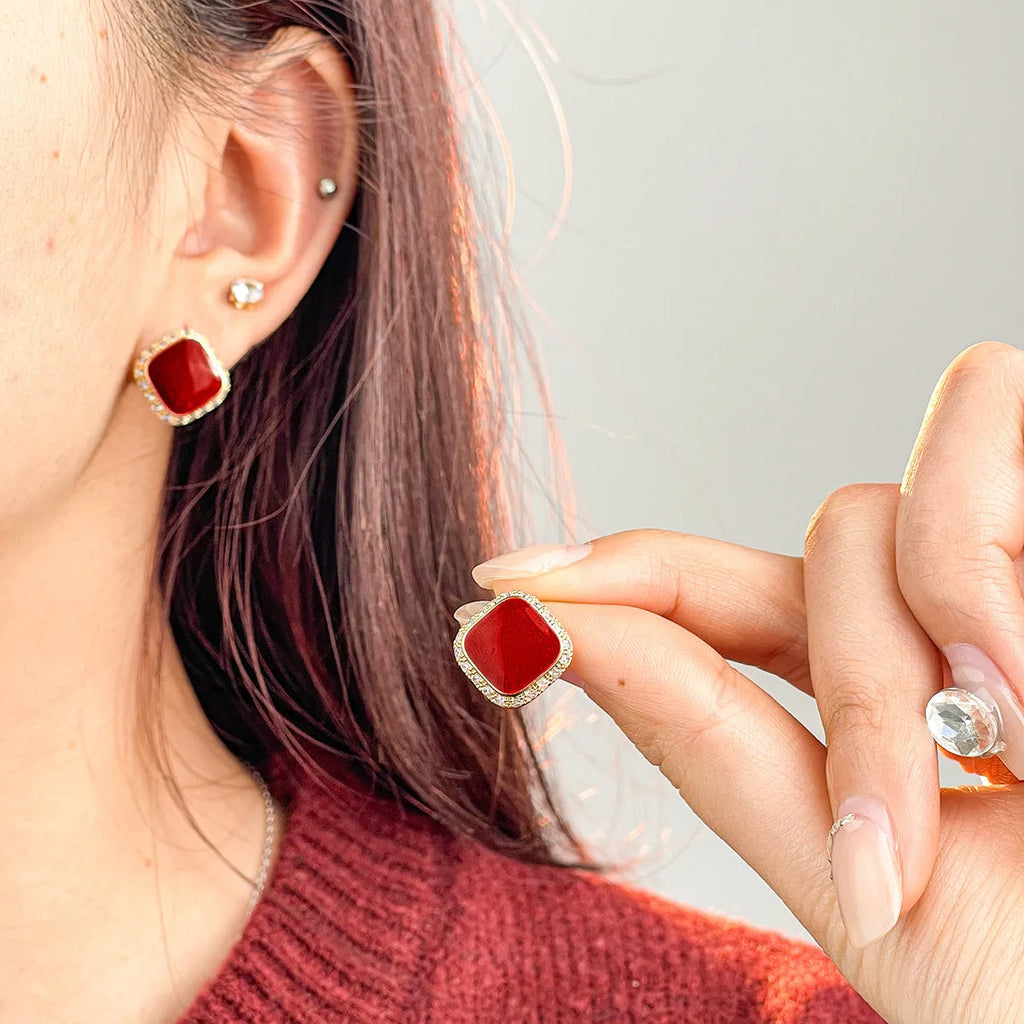 Retro red colour geometric square alloy earrings for women with inlaid design