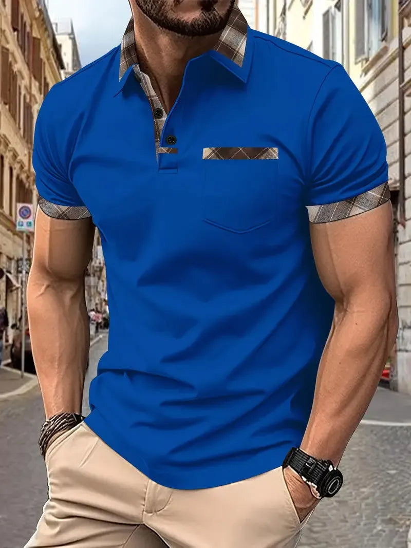 Men's plaid colourblock t-shirt with zipper decorations in loose fit polyester fabric