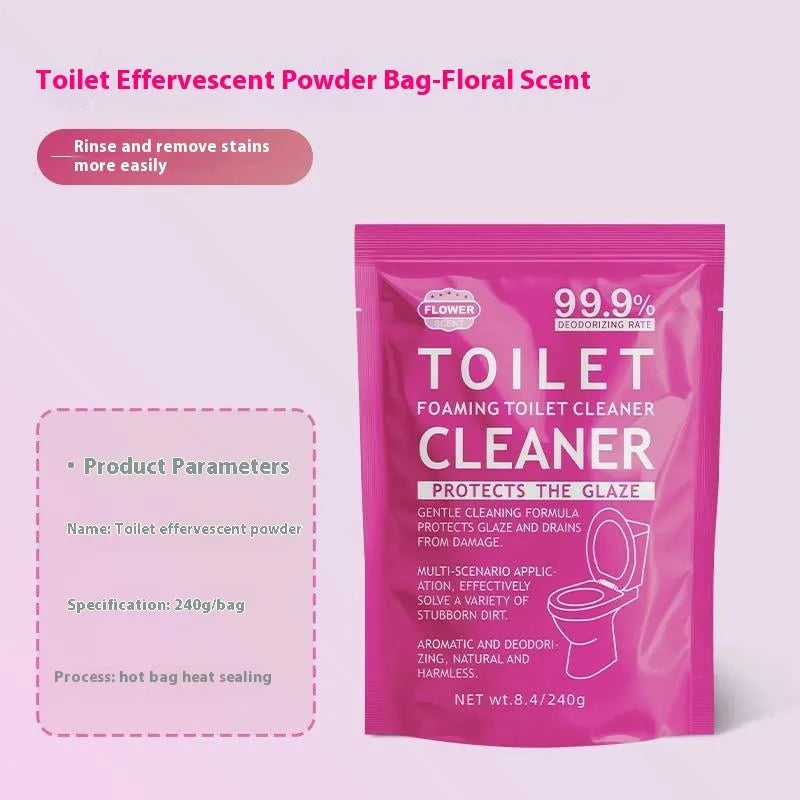 Toilet bubble powder cleaning product in blue ocean or pink floral fragrance, offered in boxed sachets or a large bag.