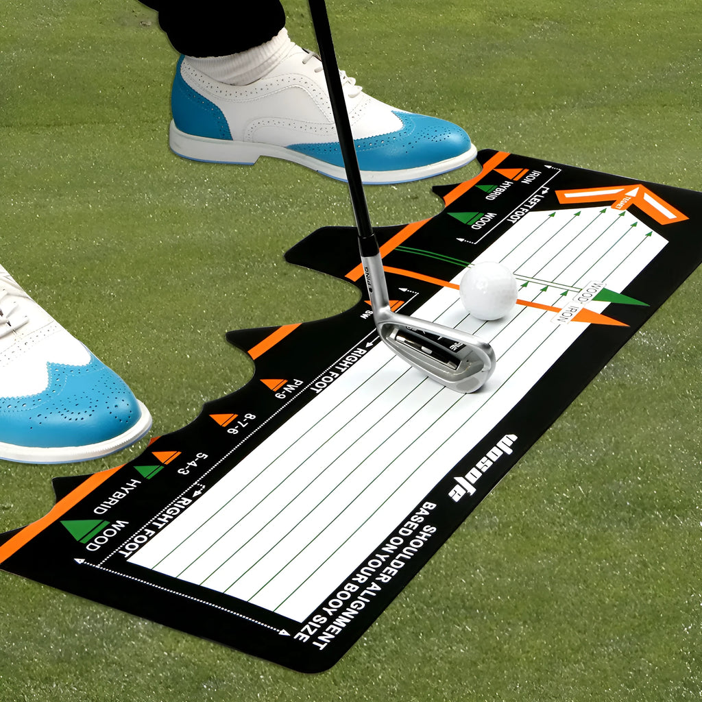 Black neoprene golf swing stance alignment pad with directional markings for training.