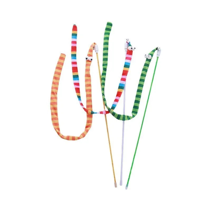 Cat wand toy with polycarbonate pole and long plush strip in vivid colours for interactive feline play