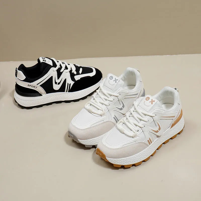 Women's black platform casual sports shoes with round toe and front lace-up design