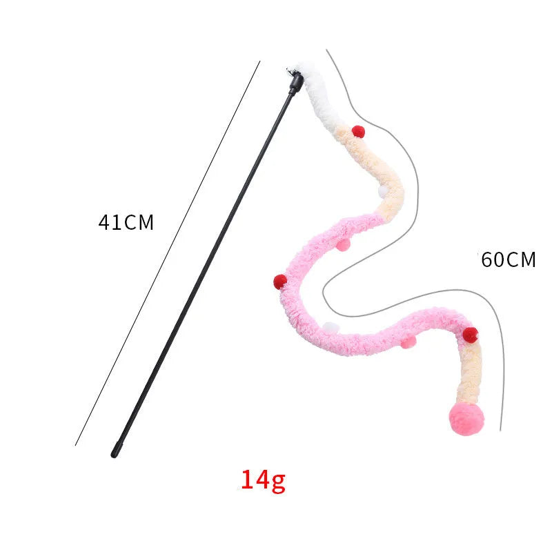 Blue green pink plush strip cat wand toy with 41cm pole and 60cm colourful strip with fluffy bell ball
