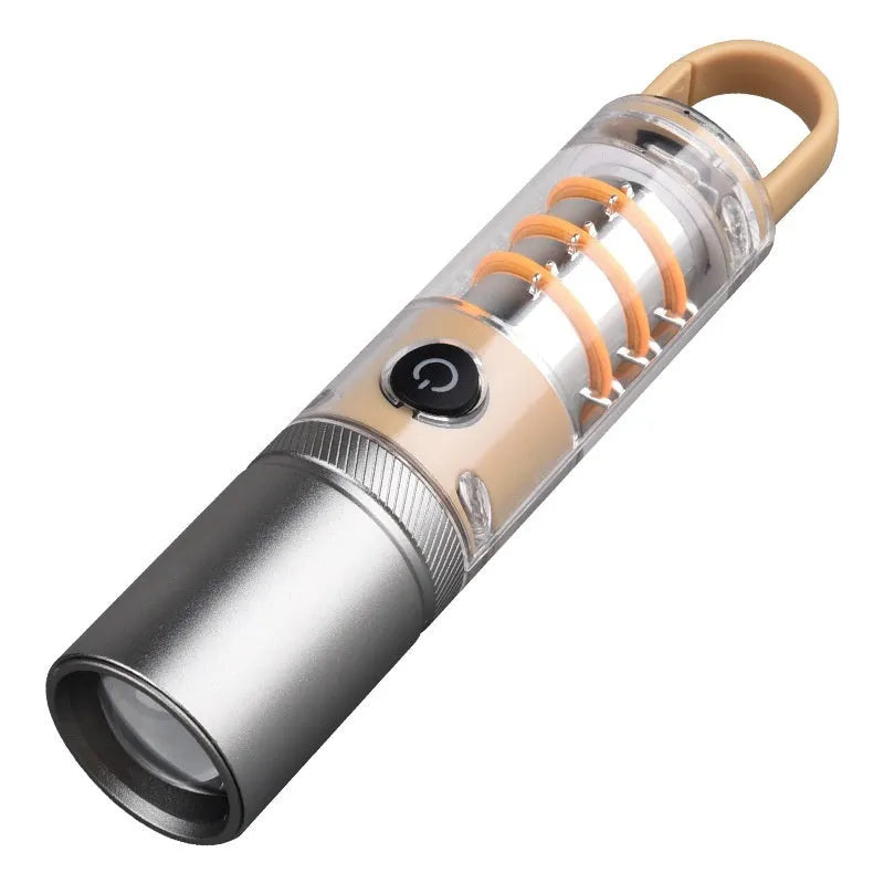Orange and beige multifunctional LED torch with optical zoom lens and keychain hook