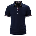 Men's white polo shirt with black colour stitching on turnover neck collar and short sleeves