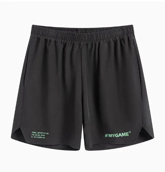 Men's training shorts in black, blue, grey, and white colours from a front view.