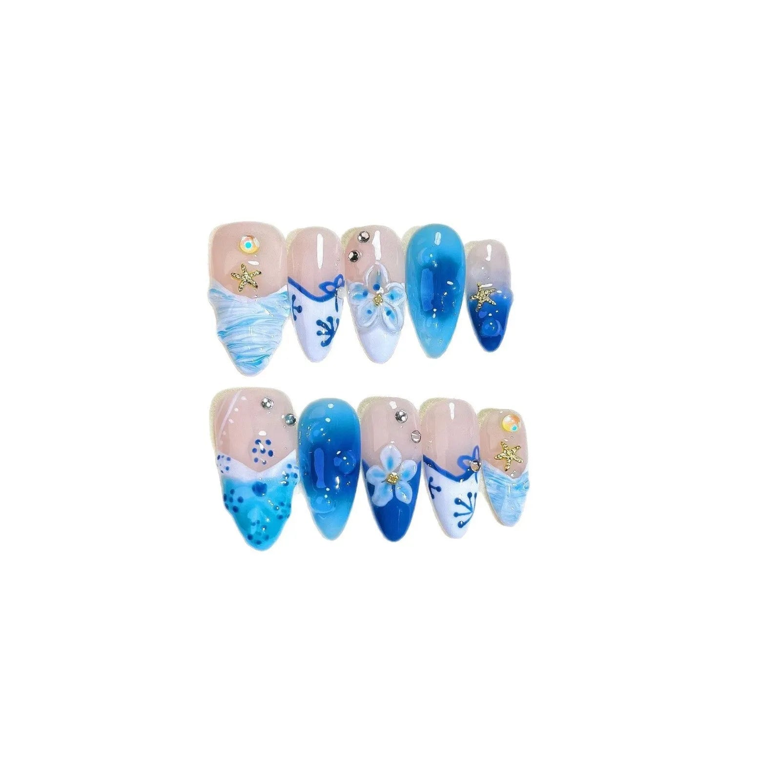 Blue hand-painted carved summer ice transparent plastic fake nails set in sizes XS S M L