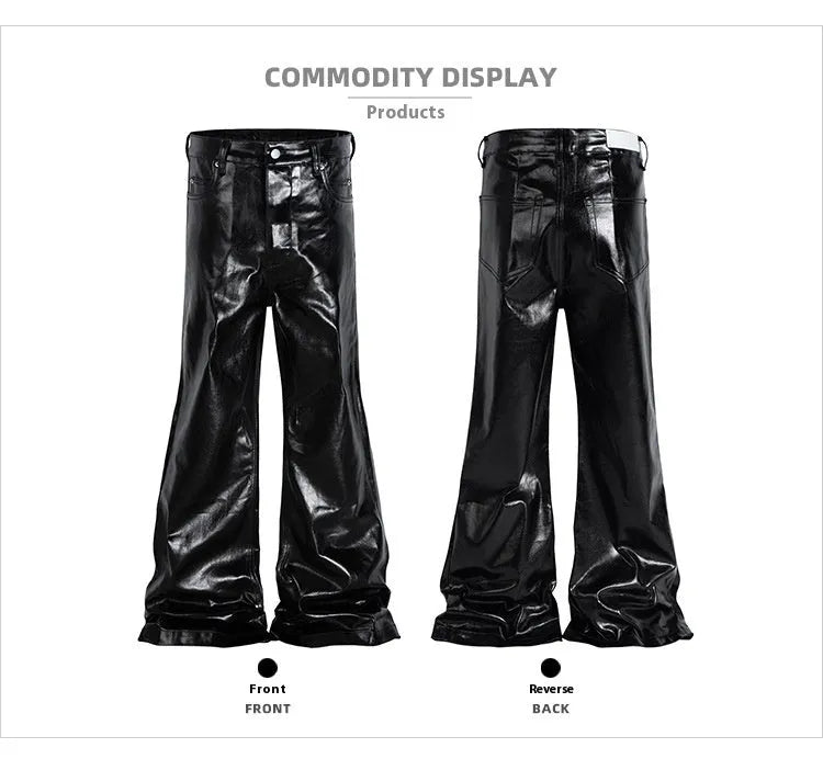 Black women's skinny jeans with a shiny patent leather-look coating and straight leg.