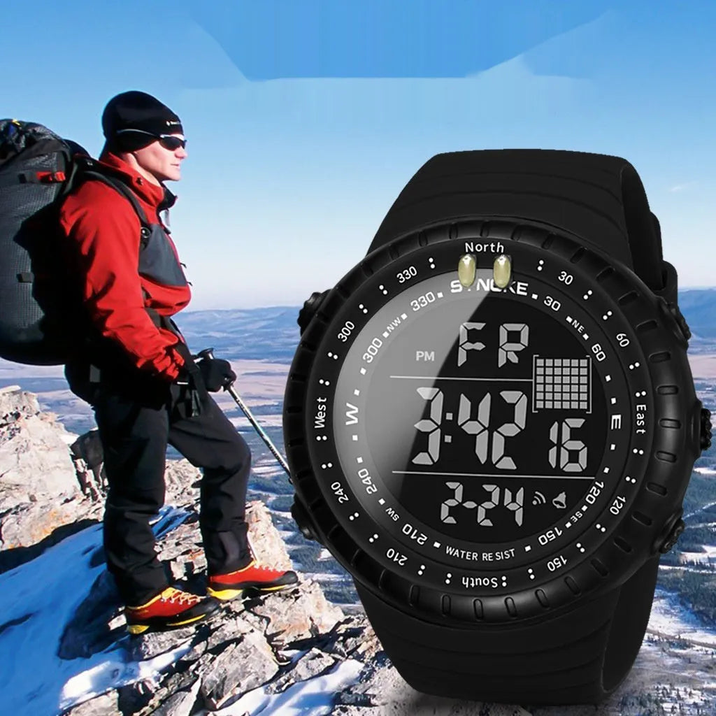 Black waterproof electronic outdoor watch with plastic case and PU strap showing 54.74mm dial