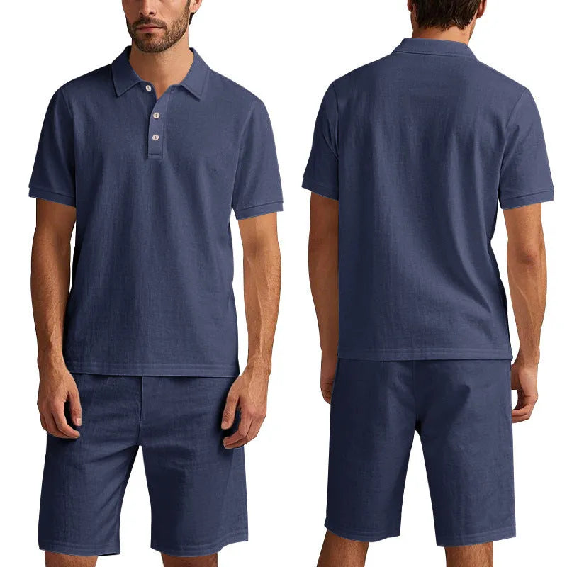 Men's light-coloured linen shorts suit with short sleeve top and matching shorts for summer casual wear