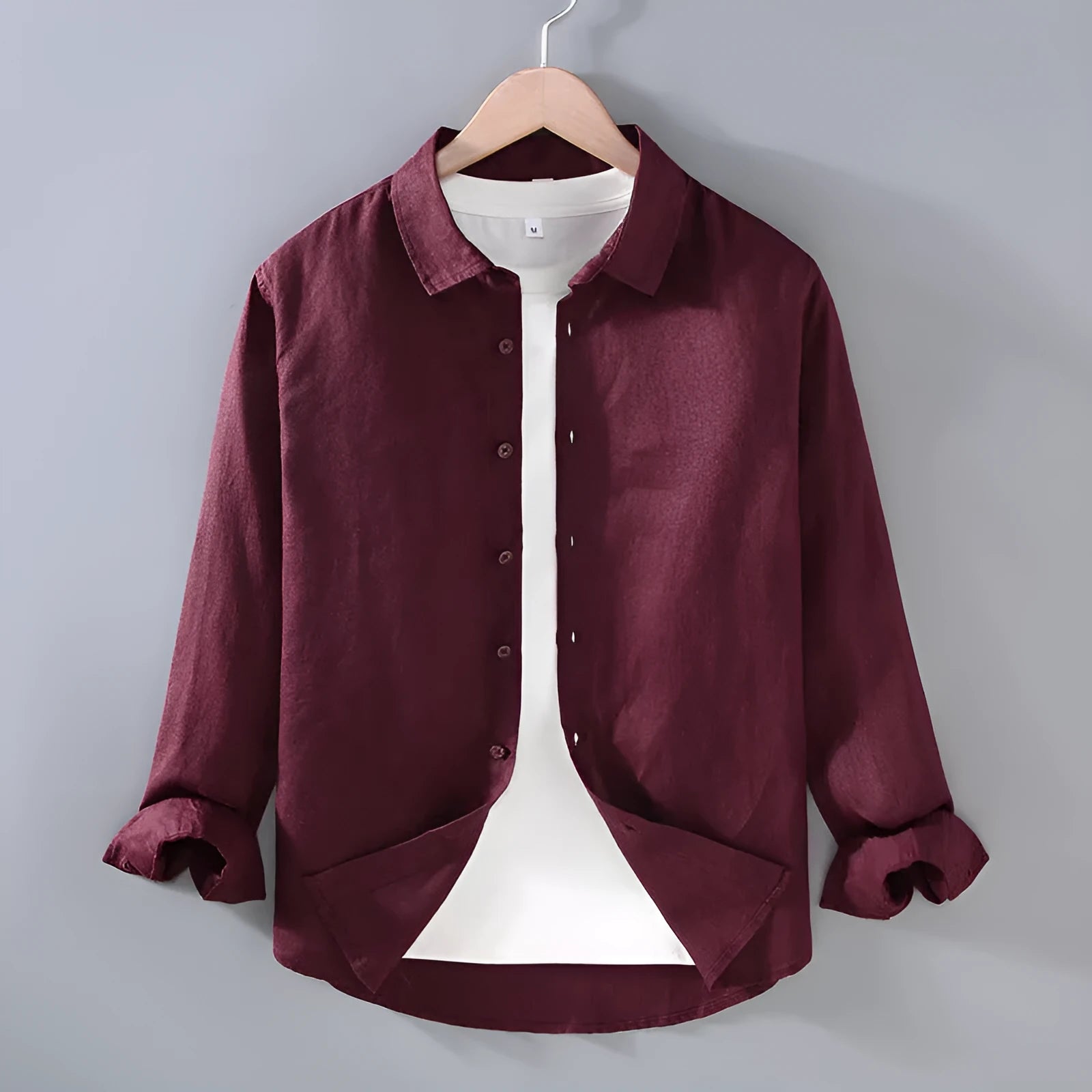 Men's pure linen shirt in cardigan style, shown in a solid earthy colour with long sleeves.