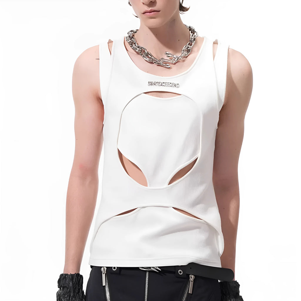 Men's black sleeveless pullover waistcoat with white hollow thread detailing and a round neck.