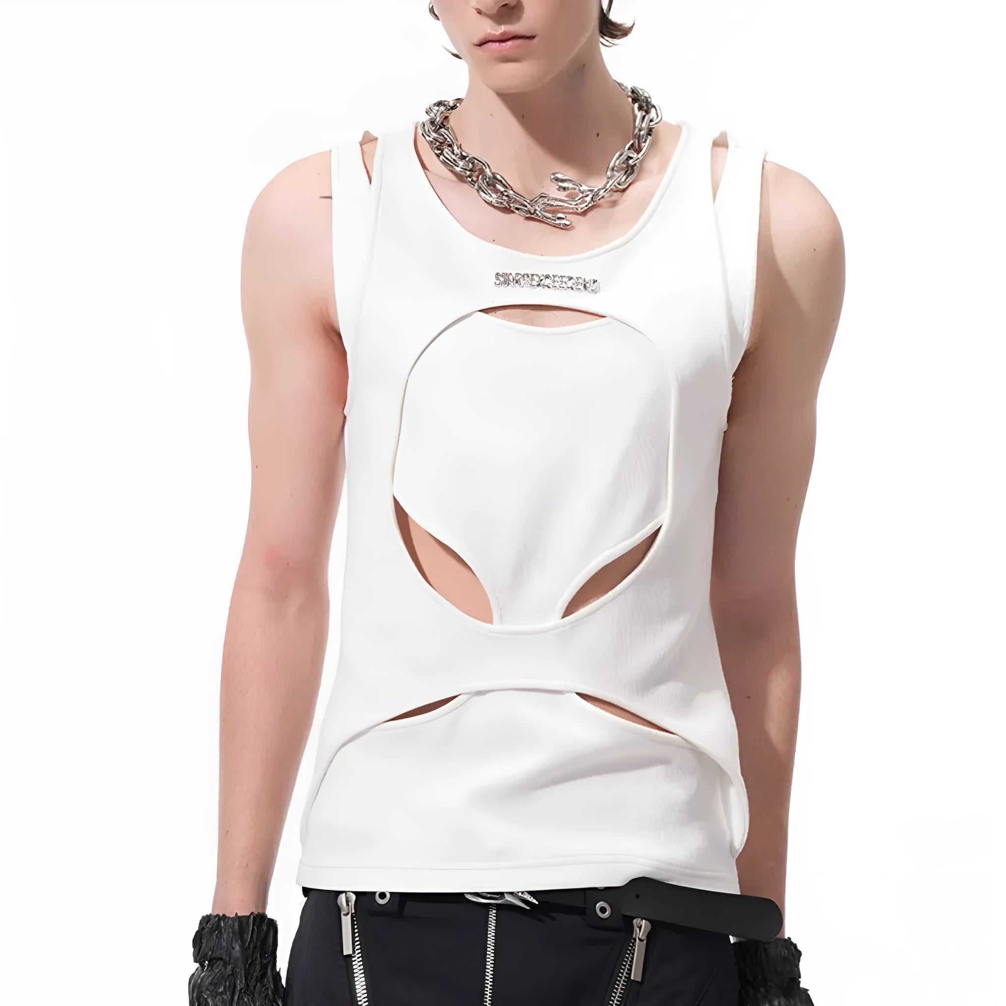 Men's black sleeveless pullover waistcoat with white hollow thread detailing and a round neck.