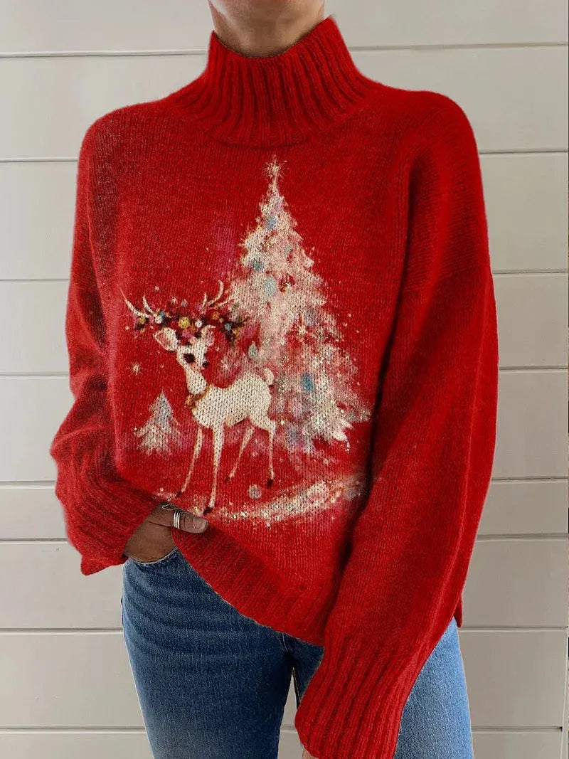 Women's loose fit Christmas print turtleneck sweater in a soft macaron colour.