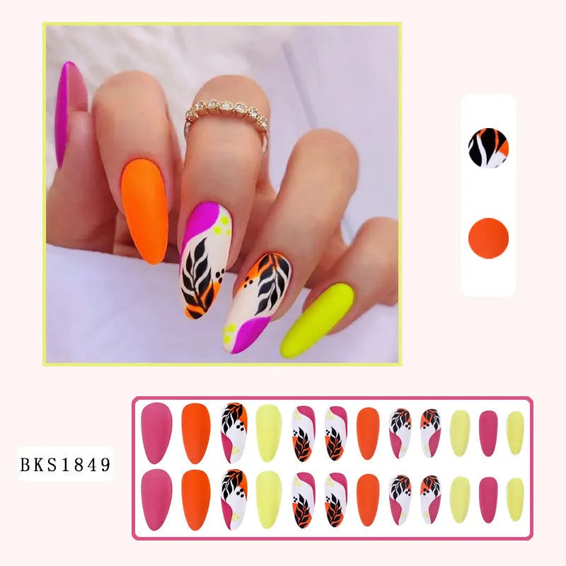 Almond-shaped nail stickers with tulip patterns in French leaves, macaron, leopard print, and plating designs