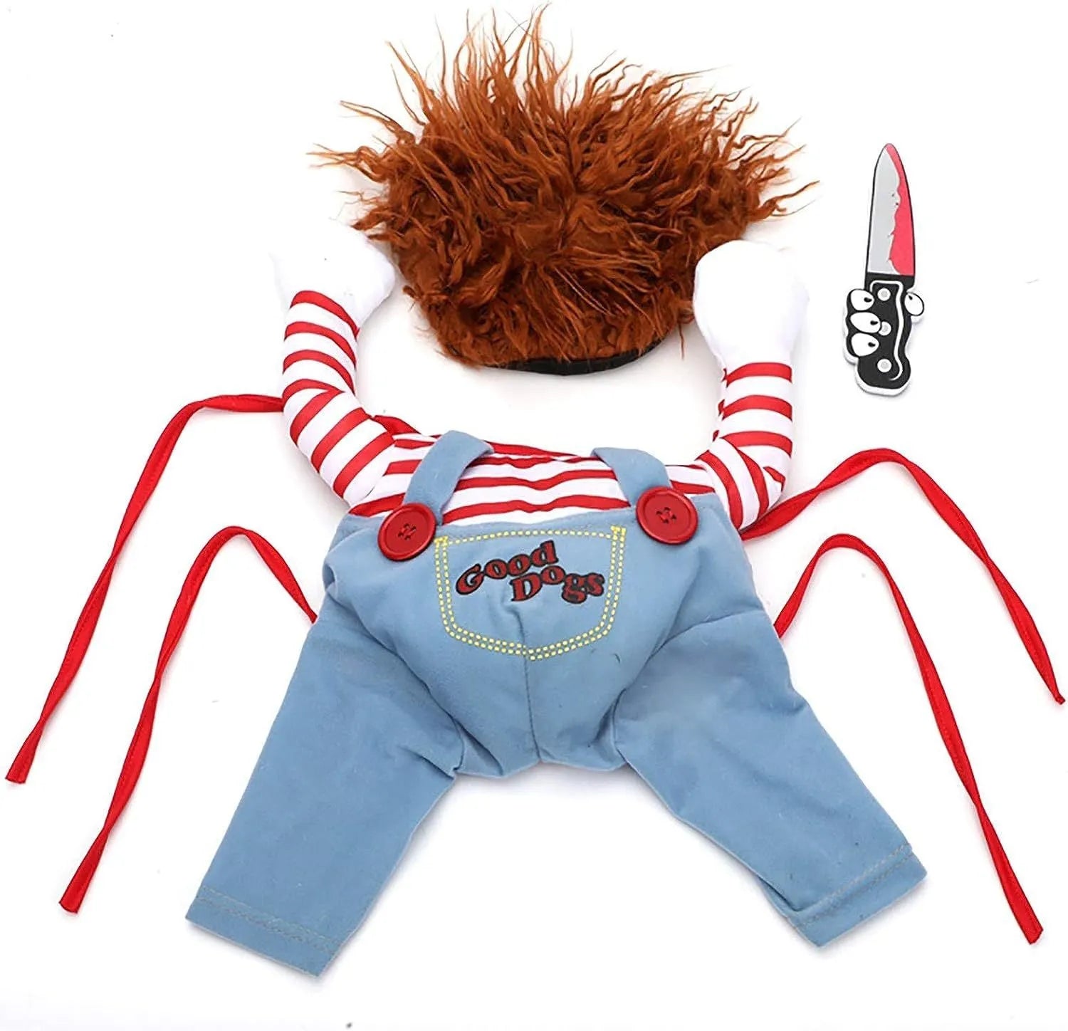 Striped Halloween harness pants costume for dogs and cats with knife accessory in four sizes